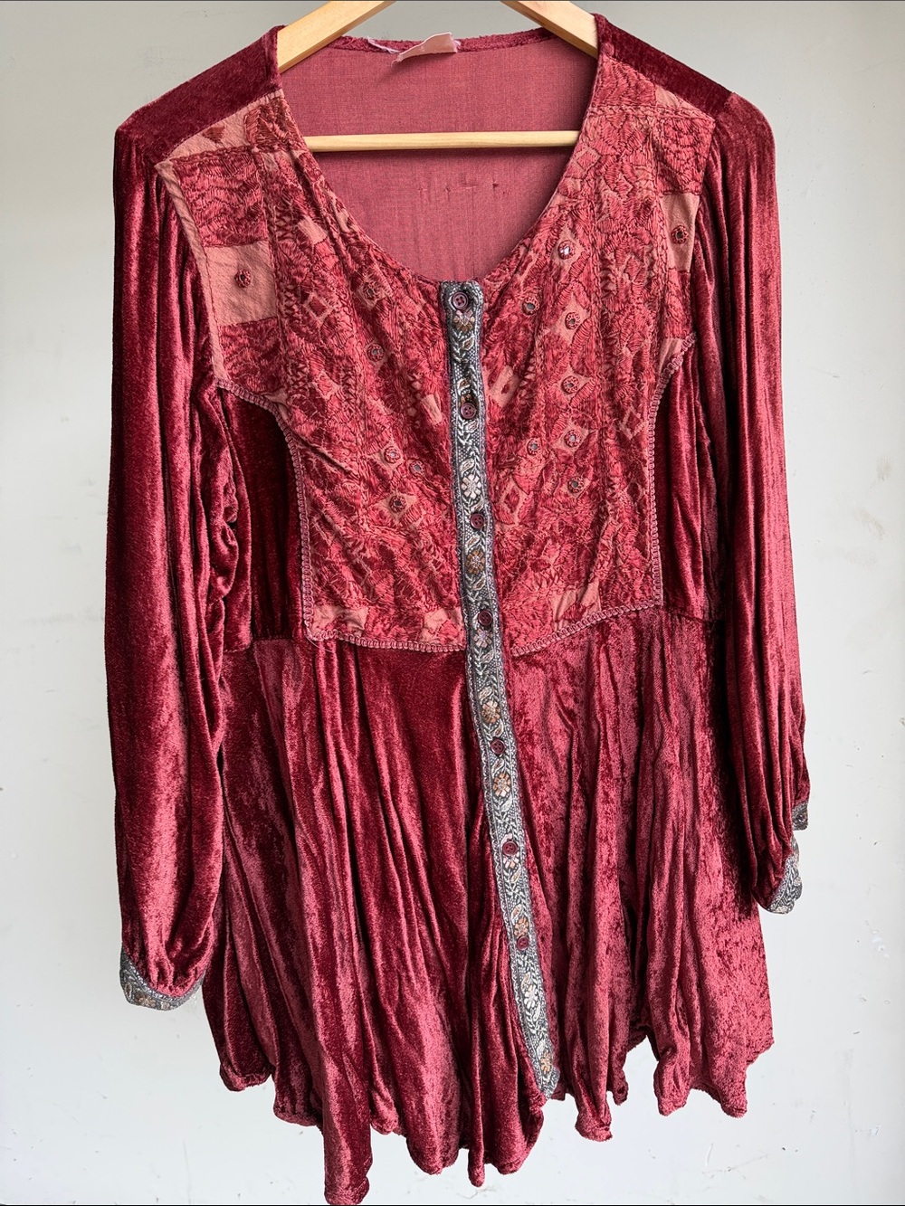Velvet Tunic with Embroidered Trim - Deep Wine Red